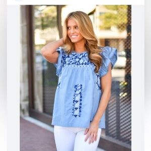 J. Marie,The Lila Top Light Blue,Stunning Embroidery,Lined,Excellent Condition